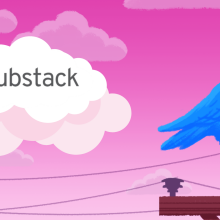 An illustration of a blue twitter bird sitting on a telephone wire. Behind it is a pink sunset and white cloud, one of which has the Substack logo on it.