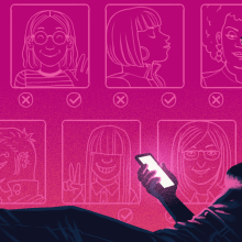 illustration of silhouetted person staring at phone in front of backdrop of pink-dinted dating app profiles